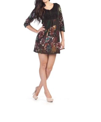 Papillon Flower Border Print Soutash Yoke Dress In Black