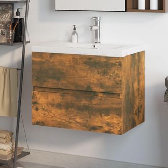Berkfield Home Sink Cabinet with Built-in Basin Smoked Oak Engineered Wood in Brown
