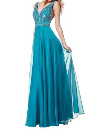 Sherri Hill Beaded V Neck Gown In Jade