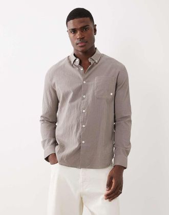 Farah Stanford - Camicia a maniche lunghe leggera color pietra scuro con logo-Neutro