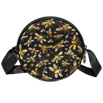 Generic Circle Crossbody Bag for Women, Golden Bees Small Sling Bag Daypack with Zipper Adjustable Shoulder Straps Casual Ladies Girls Round Purse