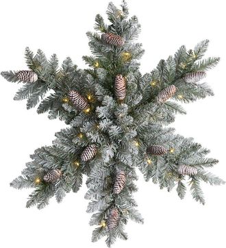 Nearly Natural 30in Pre-Lit Flocked Snowflake Artificial Dunhill Fir Wreath