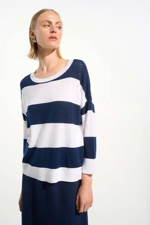 Joseph Ribkoff Cotton Blend Stripe Print Crewneck Sweater in Vanilla/indigo at Nordstrom, Size X-Large