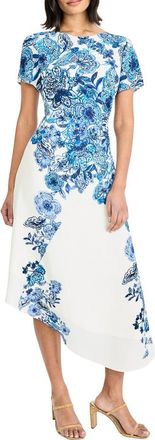 Maggy London Cap Sleeve Asymmetrical Midi Dress in Whisper White/Dutch Blue at Nordstrom, Size 10