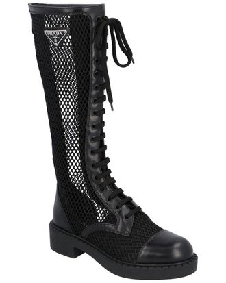 Prada Dnu Cost Prada Logo Mesh & Leather Knee-High Boot