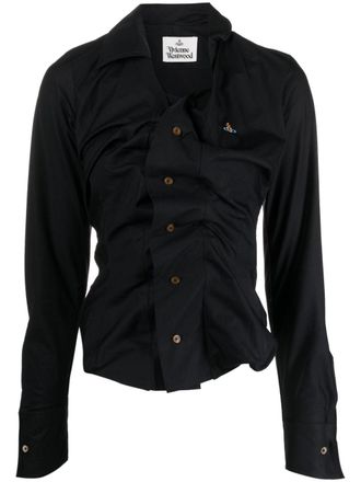Vivienne Westwood Asymmetric Black Cotton Top with Ruched Bodice
