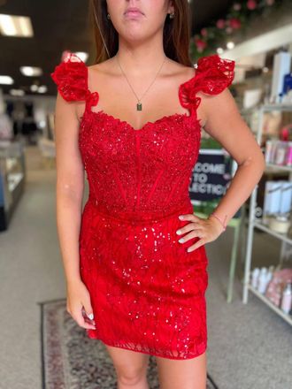 Sherri Hill Sequin Lace Fitted Cocktail Dress In Red