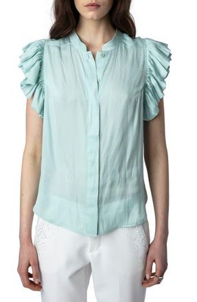 Zadig&Voltaire Tiza Ruffle Satin Button-Up Blouse in Celadon at Nordstrom, Size Small Regular