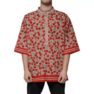 Dolce & Gabbana Beige Cherry Nylon Buttoned Casual Mens Shirt