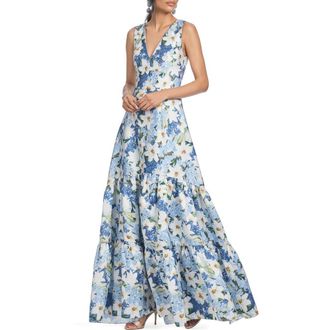 Sachin & Babi Rori Floral Sleeveless Tiered Mikado Gown in Sky Blue Star Lillies at Nordstrom, Size 8