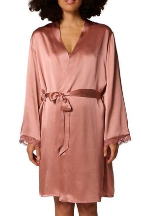 Simone P&eacute;r&egrave;le Love Me Lace Trim Silk Blend Robe in Smokey Pink at Nordstrom, Size Small