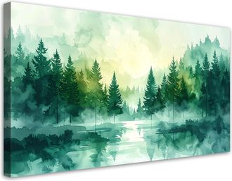 Feeby Cuadro Sobre Lienzo, Paisaje De Bosque Verde Naturaleza En Estilo Escandinavo Boho, 120x60