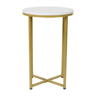 Flash Furniture End Table - White Marble Finish Accent Table with Crisscross Brushed Gold Frame