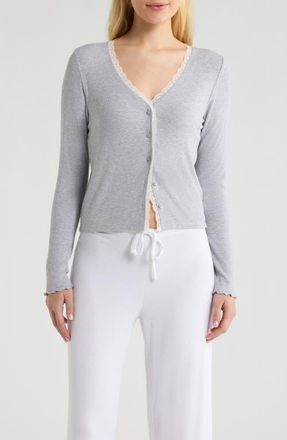 Open Edit Daydream Lace Trim Rib Button-Up Lounge Top in Grey Heather at Nordstrom, Size X-Small