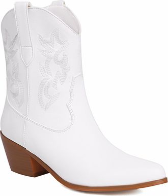 Generic Womens Closed Round Toe Short Boots PU Leather Booties with Embroidery Stitched Mid Block Heel Western Cowboy Boots,White,10.5 UK