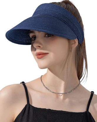 Feoya Women Wide Brim Straw Visor Sun Hat UV Protection Beach Summer Cap Adjustable Ponytail Hole Beach Hat Packable Outdoor Vacation Straw Golf Cap Navy On