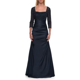 La Femme Beaded Bodice Satin Gown with Three-Quarter Sleeves in Navy at Nordstrom, Size 14