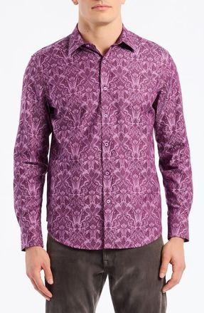 Robert Graham Highland Stretch Cotton Button-Up Shirt in Berry at Nordstrom, Size Xxx-Large