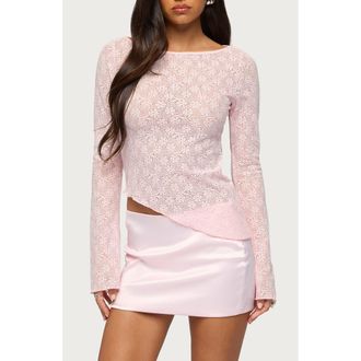 Edikted Mare Asymmetric Sheer Lace Top in Pink at Nordstrom, Size X-Small