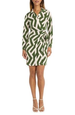 Donna Morgan Print Long Sleeve Wrap Shirtdress in Olive/Cream at Nordstrom Rack, Size 16