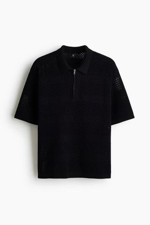 H&M Relaxed Fit Hole-knit Polo Shirt in Black at Nordstrom, Size Xx-Large
