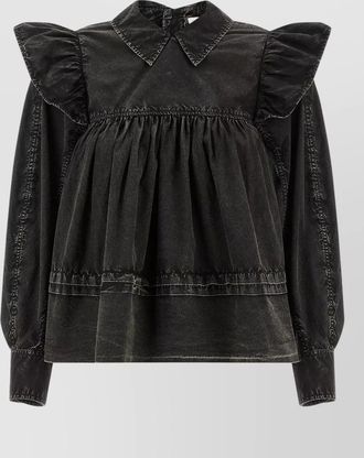 Ganni washed blouse frill shoulders pleated front