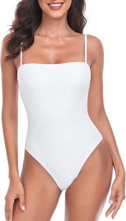 Relleciga Womens High Cut Bandeau One Piece Swimsuits with Adjustable Shoulder Straps, White, Large