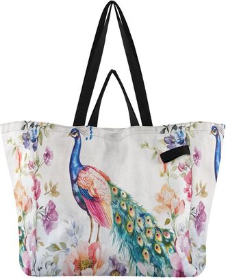 Generic Pink Floral Peacock pattern Reusable Canvas Tote Bag, Heavy Duty Grocery Shopping Bag with Hard Bottom Large Capacity Double Handles Work Groceries Tr