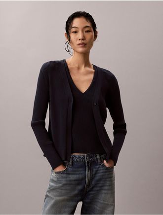 Calvin Klein Womens Cotton Rib Cardigan and Tank Set - Blue - XS