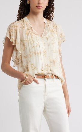 Nordstrom Flutter Sleeve Crinkle Chiffon Top in Ivory- Gold Soly Floral at Nordstrom, Size Xx-Large