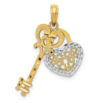 Diamond2Deal 14k Yellow Gold White Rhodium Moveable Filigree Heart Key Lock Charm