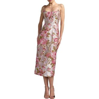 Mac Duggal Floral Brocade Midi Dress with Bow Tie Straps in Pink Multi at Nordstrom, Size 10