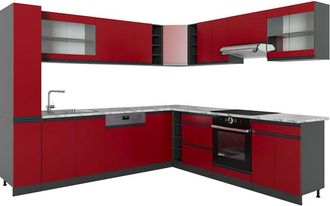Vicco Cocina Esquinera R-line, Rojo/antracita, 257 X 277 Cm J-shape, Et M&aacute;rmol