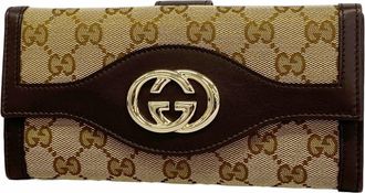 Gucci Beige Brown Canvas Long Wallet (Bi-Fold) (Pre-Owned)