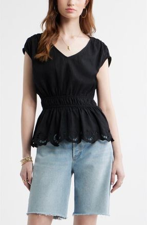 Treasure & Bond Eyelet Hem Peplum Top in Black at Nordstrom, Size Xx-Small