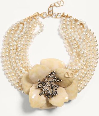 Valentino Garavani Collana Fleur Lumineuse In Metallo, Smalto, Perle E Tessuto Donna ORO/CREMA UNI