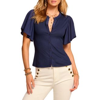 Ramy Brook Colette Mixed Media Flutter Sleeve Top in Spring Navy at Nordstrom Rack, Size Large