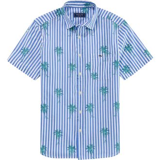 Vineyard Vines Under the Palms Stripe Cotton Button-Up Shirt in Breaker Blue at Nordstrom, Size Xx-Large