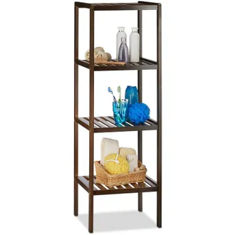 Relaxdays Bamboo Bath Rack with 4 Shelves, HxWxD: 110 x 34.5 x 33 cm, Tall Freestanding Shelving Unit, Wooden Shelves, Dark Brown - Relaxdays