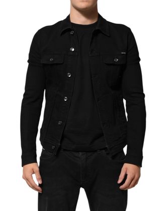 Dolce & Gabbana Black Cotton Denim Stretch Button Up Mens Jacket