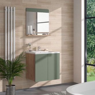 Vicco Specchio da bagno Izan, Quercia verde/oro, 60 x 62 cm con ripiano