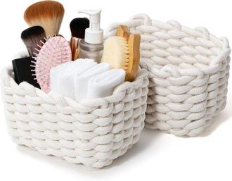 OEM Juego 2 Cestas Cestas Decorativas Tejidas Borlas Dormitorio), Peque&ntilde;as Cajas Cuerda Algod&oacute;n Estilo Bohemio, Dimensiones: 20 X 15 X 13 Cm, Blanco
