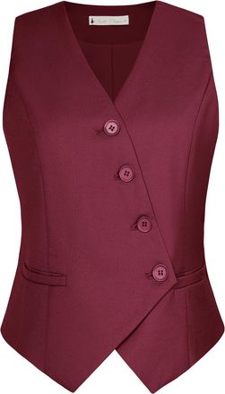 Belle Poque Formal Office Work Waistcoat for Women Vintage Button Down V-Neck Vest with Pockets Wine 2XL