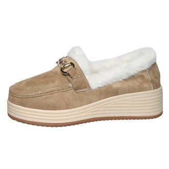 Generic Womens Faux Fur Lined Metal Chain Round Toe Platform Wedge Espardilles Loafers Slip On Comfort Warm Winter Shoes (5.5,Khaki)