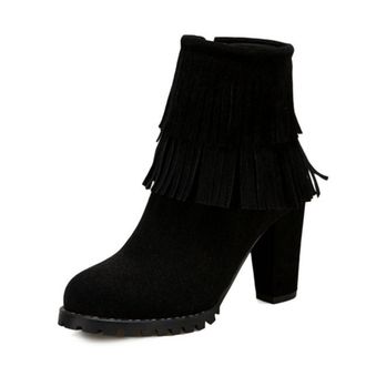 Generic Womens Elegant Double Fringe Almond Toe Soild Color Ankle Boots Block Heels Zip Up Western Winter Shoes (Black,7.5)