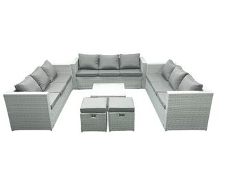 Fimous Rattan Garden Outdoor Furniture Set 11 Seater Rattan Garden Sofa Set with 2 Small Footstools Light Grey Mixed