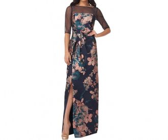 Kay Unger Catrina 3D Bow Floral Jacquard Gown In Classic Navy/apricot