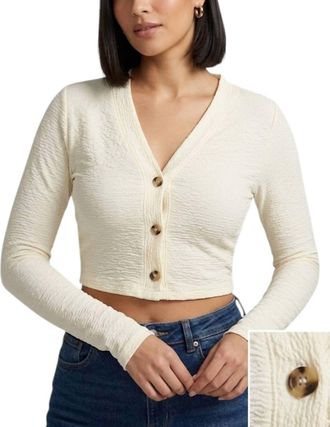 Double Zero Classic Crop Button Down Top In Beige