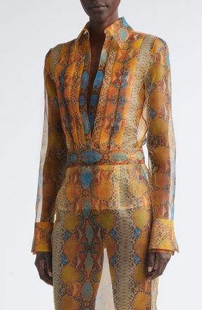 LaQuan Smith Shimmer Snakeskin Print Pleated Double Cuff Button-Up Shirt at Nordstrom, Size Medium