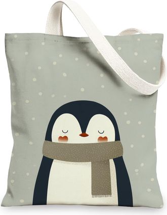 Generic Cute Penguin Canvas Tote Bag, Soft Reusable Shopping Bags, Stylish Lightweight Shoulder Strap Bags, Grey, 13x15 Inch